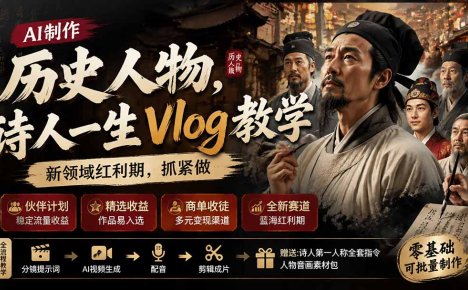 历史人物，诗人一生Vlog教学， AI制作丨伙伴计划丨精选收益丨商单收徒 ，新领域红利期，抓紧做