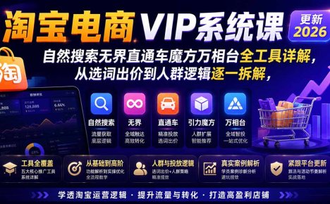 淘宝电商VIP系统课-更新8月；自然搜索无界直通车魔方万相台全工具详解，从选词出价到人群逻辑逐一拆解