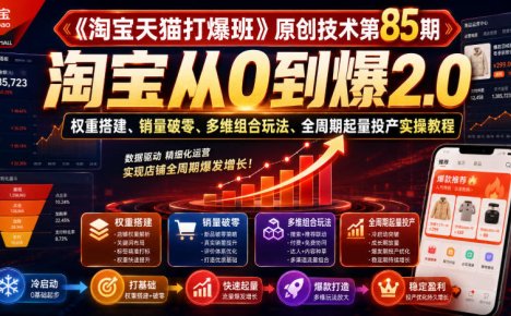 《淘宝天猫打爆班》原创技术第85期，淘宝从0到爆2.0，权重搭建、销量破零、多维组合玩法、全周期起量投产实操教程